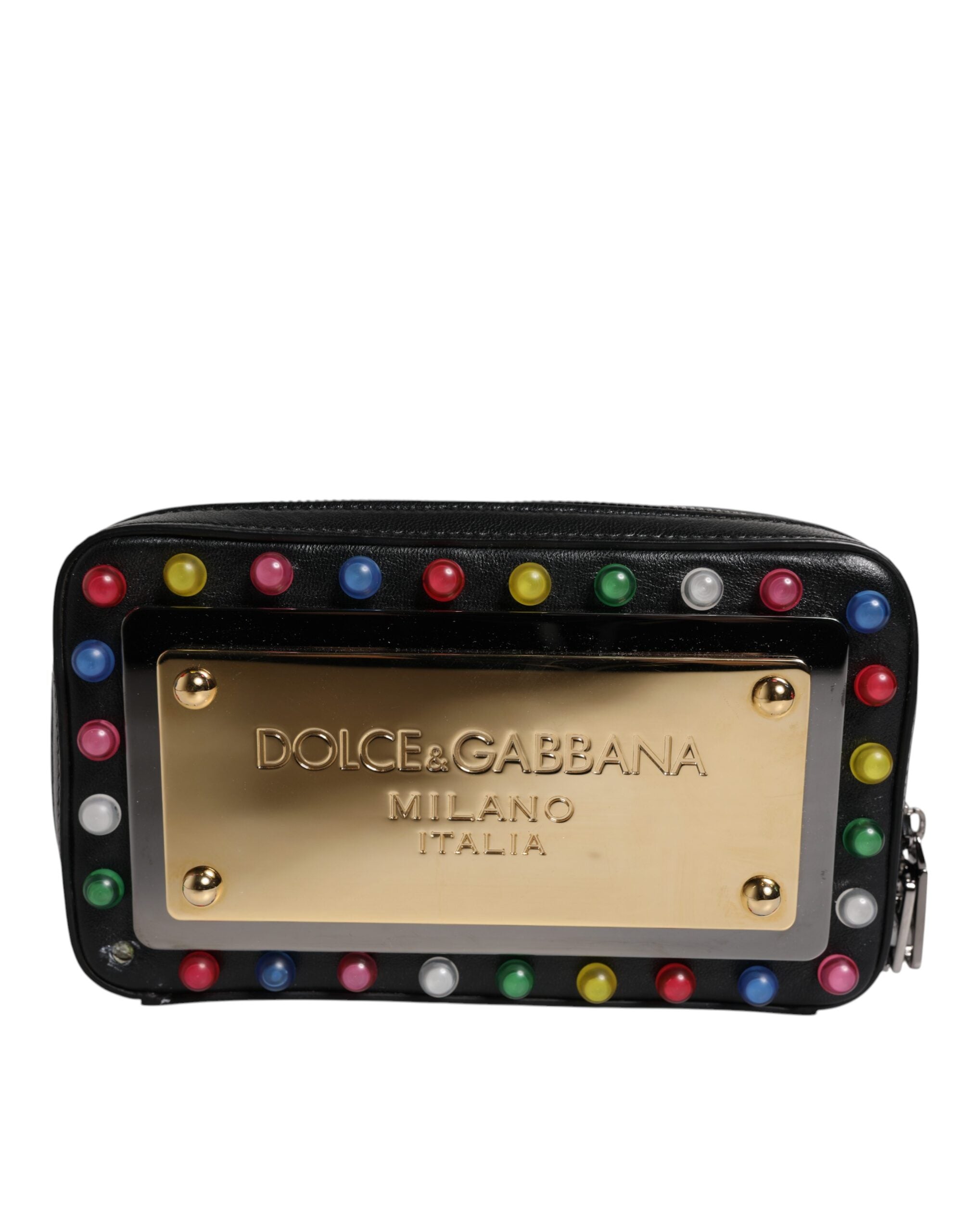 Dolce & Gabbana Schwarze Leder LED Logo Handgelenkriemen Clutch Tasche