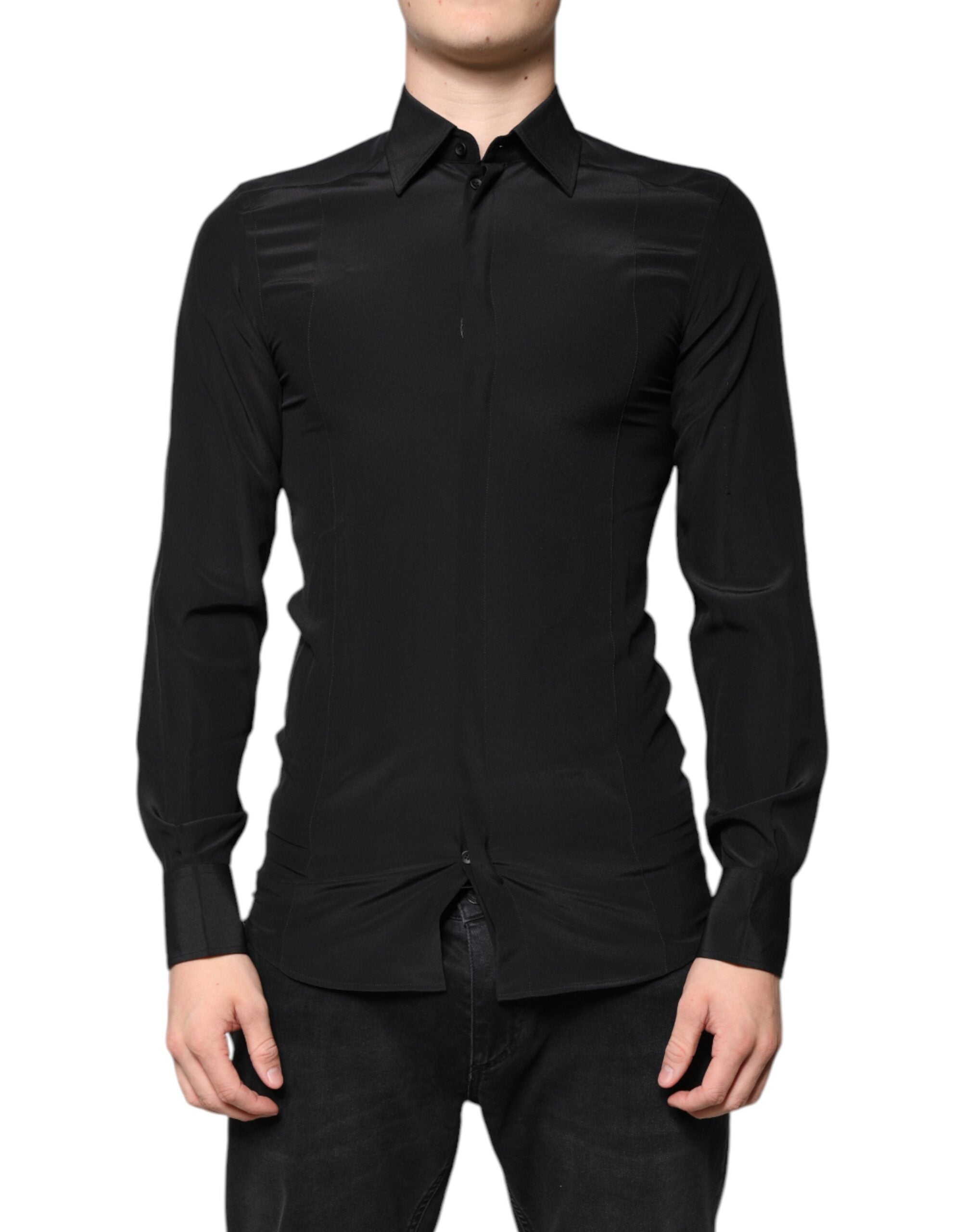 Dolce & Gabbana Schwarzes Seidenhemd mit langen Ärmeln GOLD