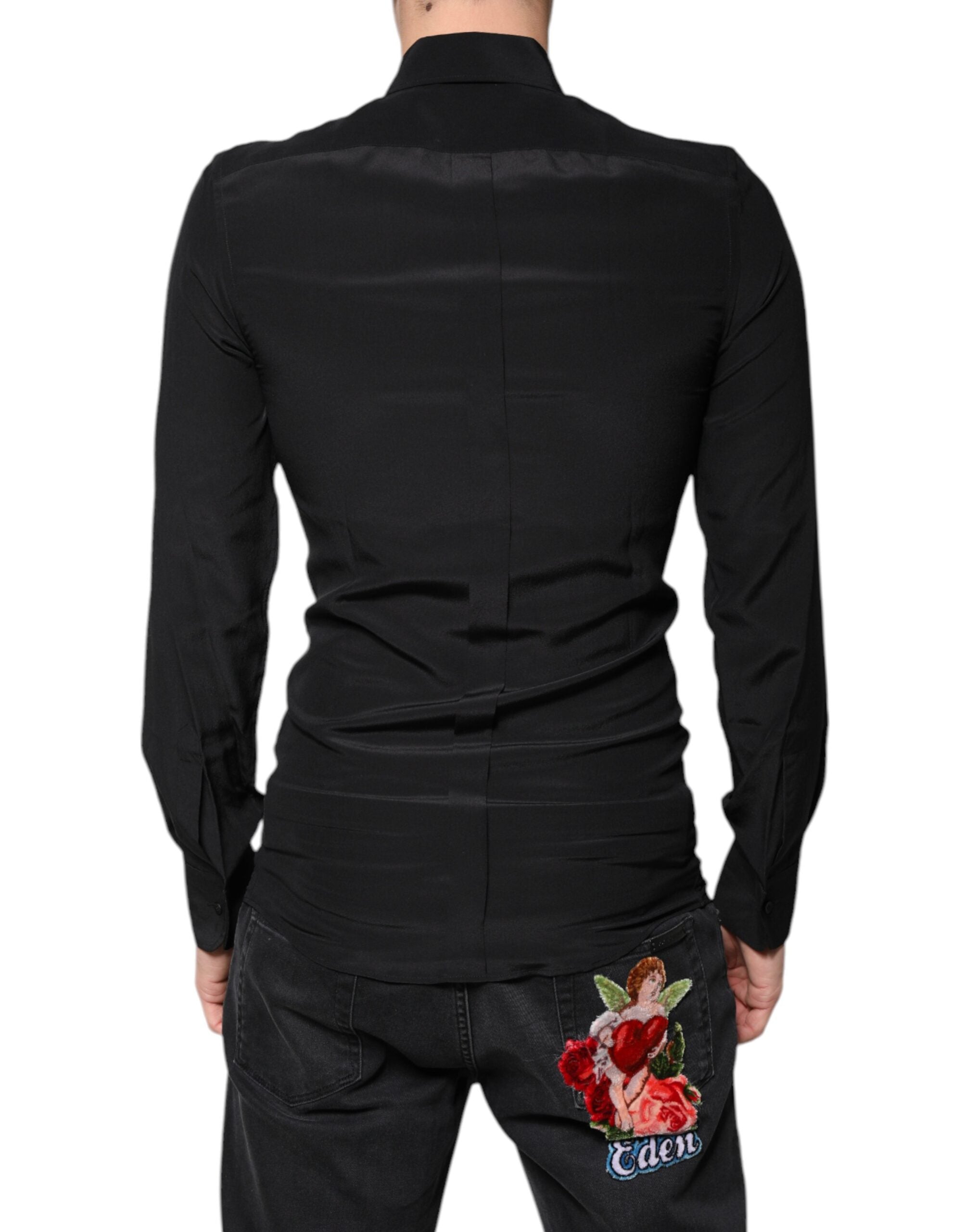 Dolce & Gabbana Schwarzes Seidenhemd mit langen Ärmeln GOLD