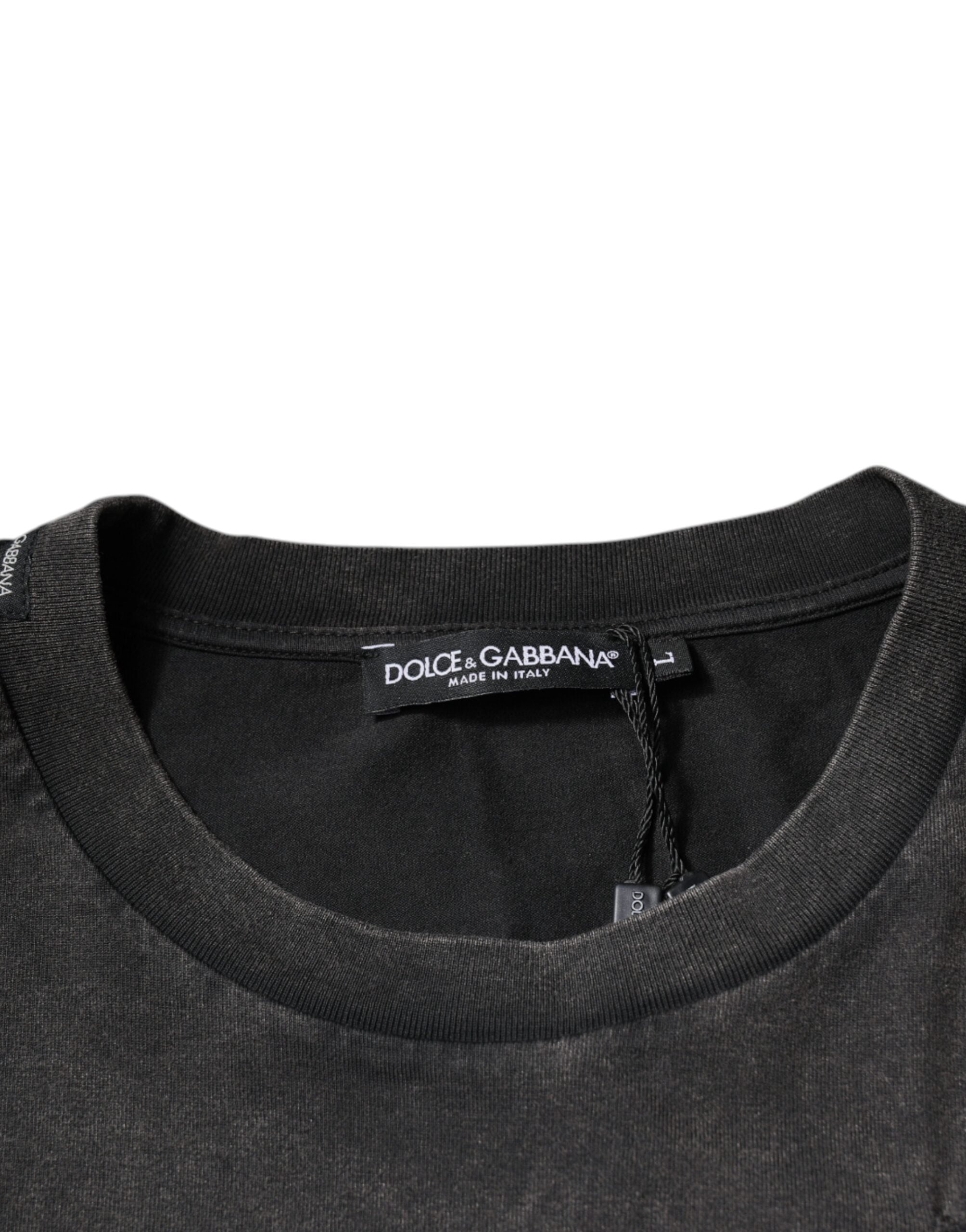 Dolce & Gabbana Graues T-Shirt mit Rundhalsausschnitt aus Baumwolle mit Leopardenmuster