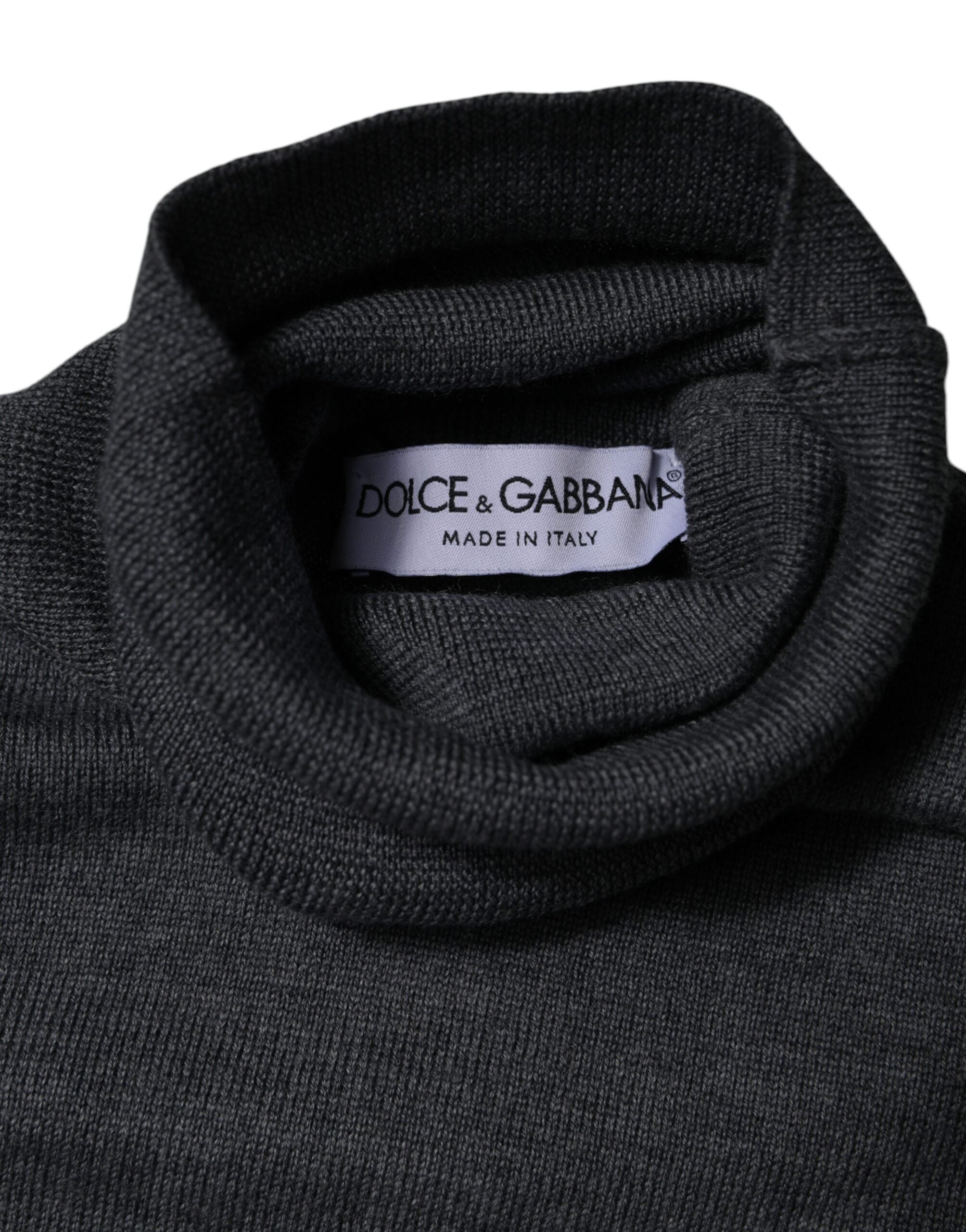 Dolce & Gabbana Grauer Logo-Rollkragenpullover aus Wolle