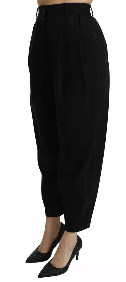Dolce & Gabbana Schwarze Hose aus Wolle mit hoher Taille und Falten vorne