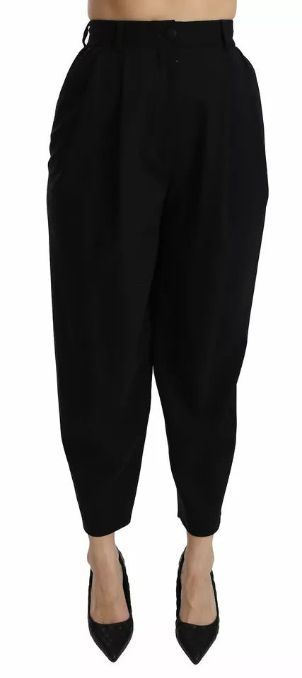 Dolce & Gabbana Schwarze Hose aus Wolle mit hoher Taille und Falten vorne
