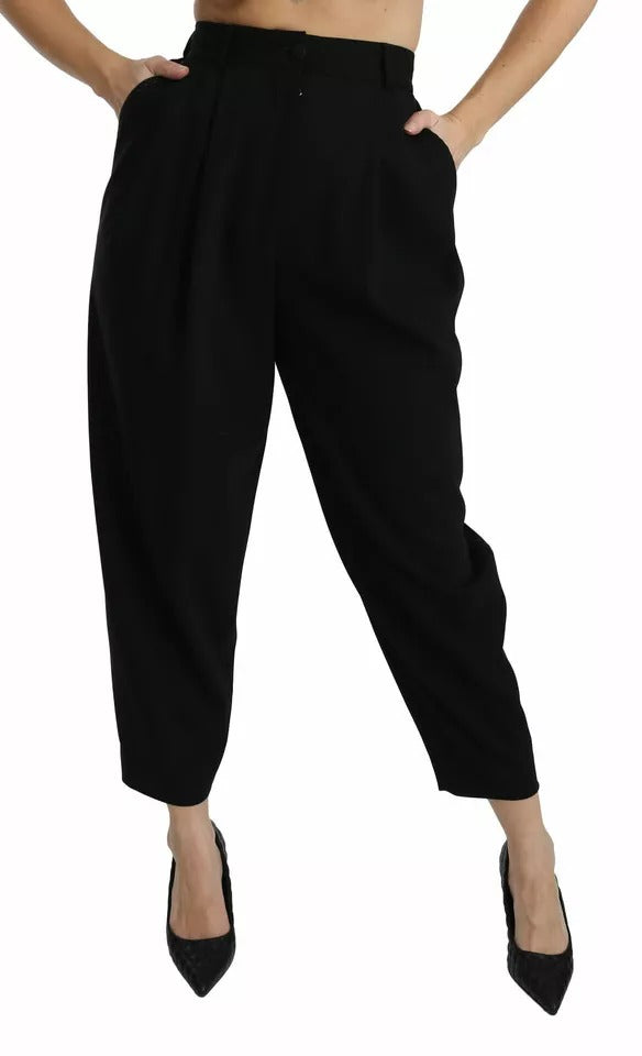 Dolce & Gabbana Schwarze Hose aus Wolle mit hoher Taille und Falten vorne