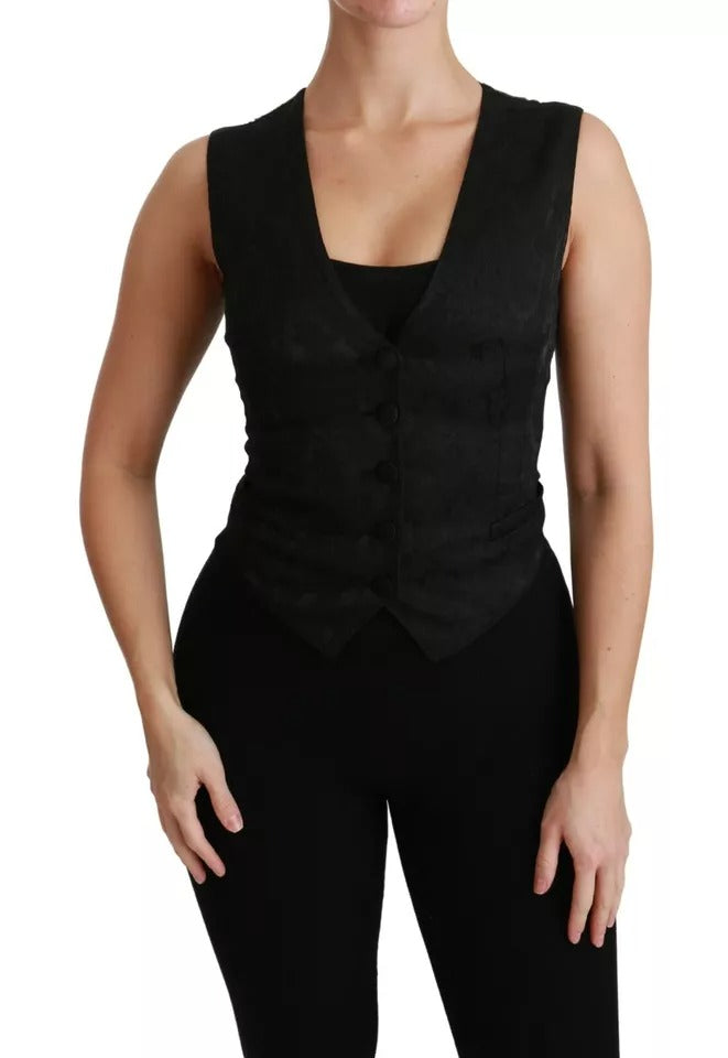 Dolce & Gabbana Zwart Kanten Gilet Slim Vest Zijden Top