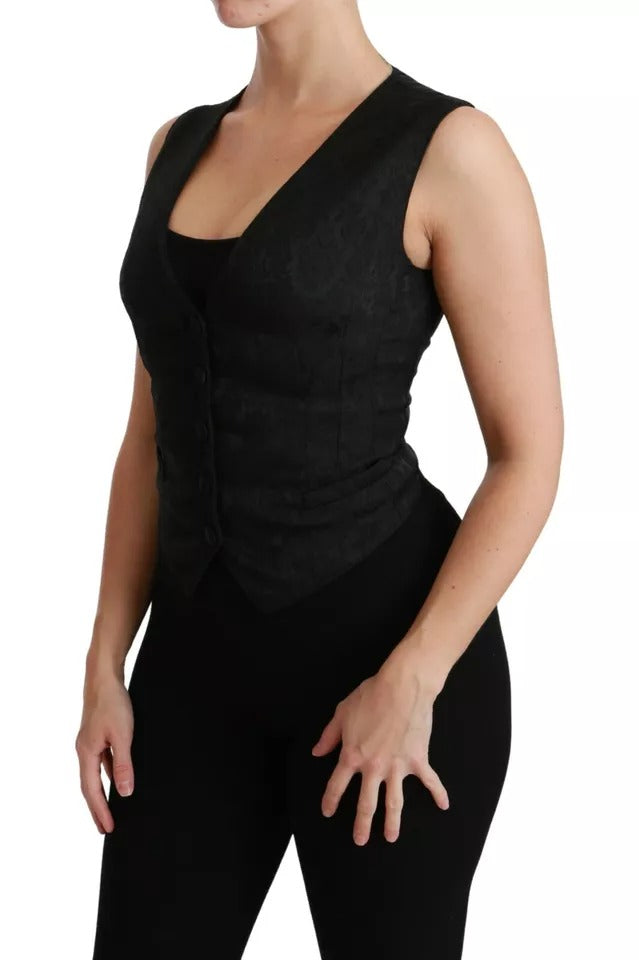 Dolce & Gabbana Zwart Kanten Gilet Slim Vest Zijden Top