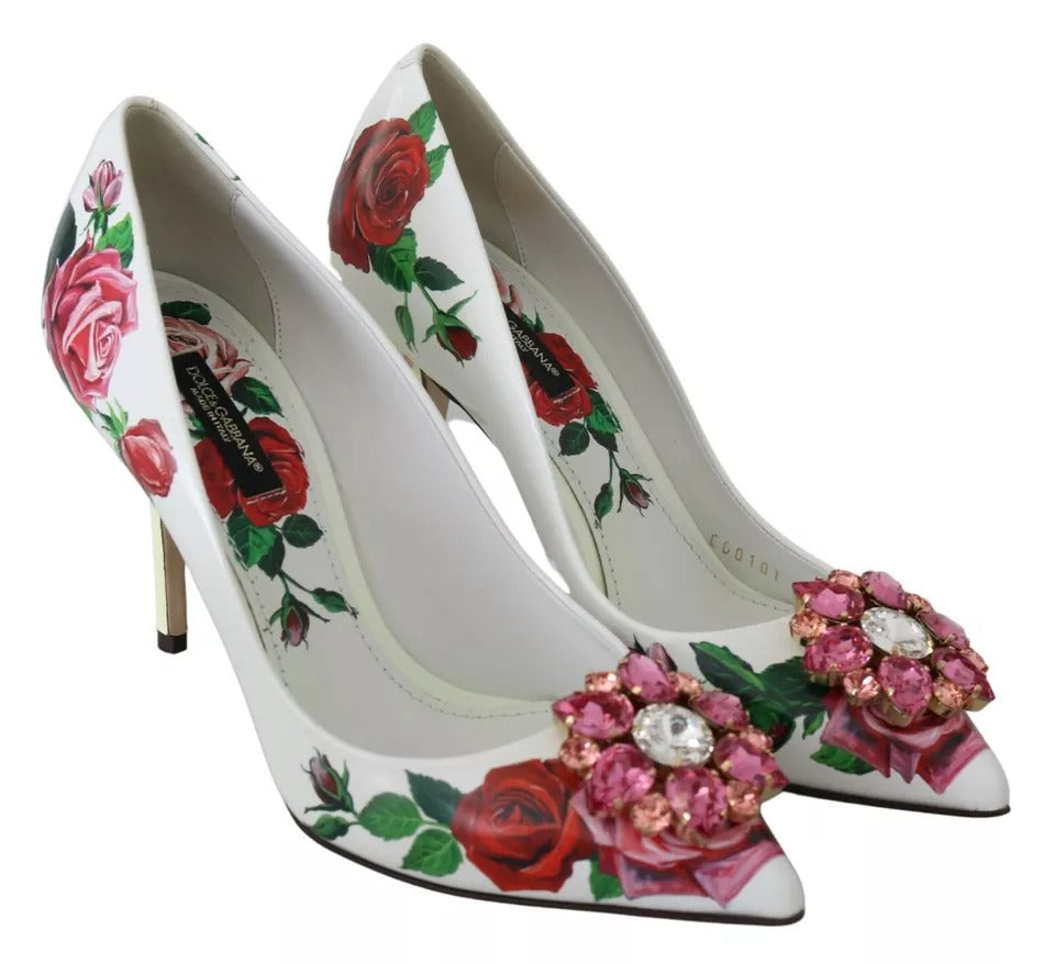 Dolce & Gabbana Weißes Leder Rosen Kristall Pumps Schuhe
