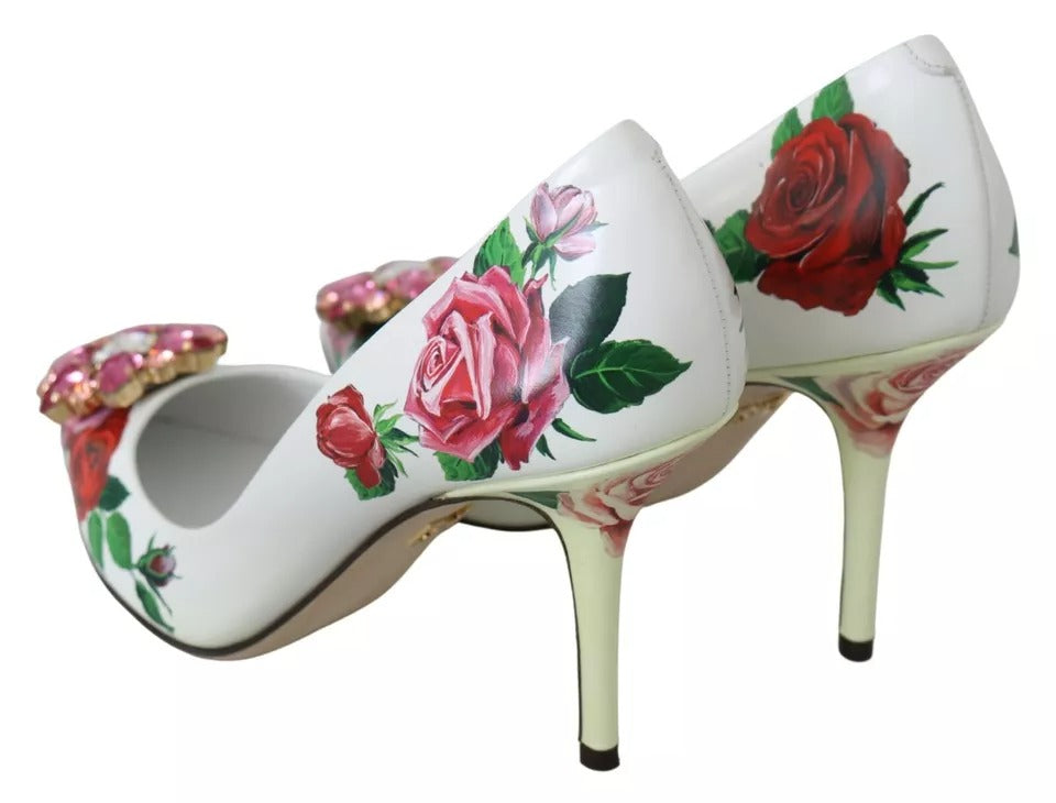 Dolce & Gabbana Weißes Leder Rosen Kristall Pumps Schuhe