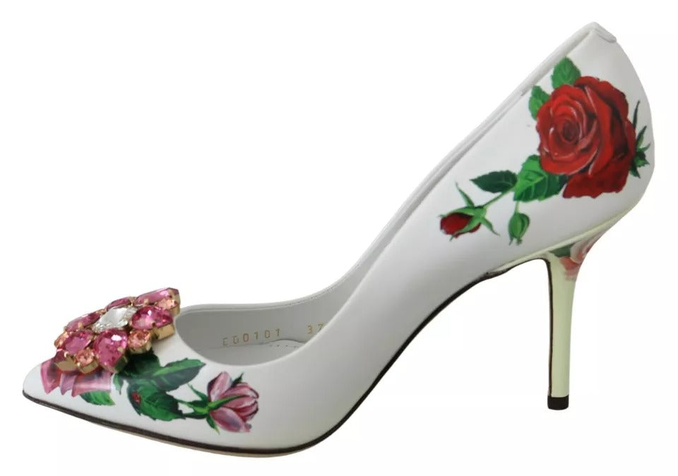 Dolce & Gabbana Weißes Leder Rosen Kristall Pumps Schuhe