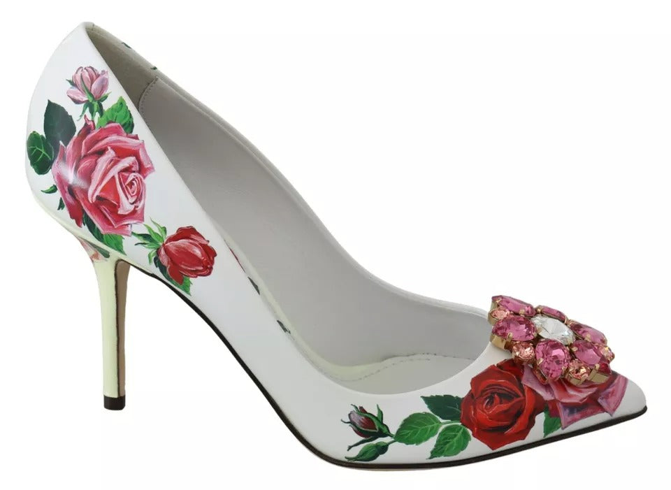 Dolce & Gabbana Weißes Leder Rosen Kristall Pumps Schuhe