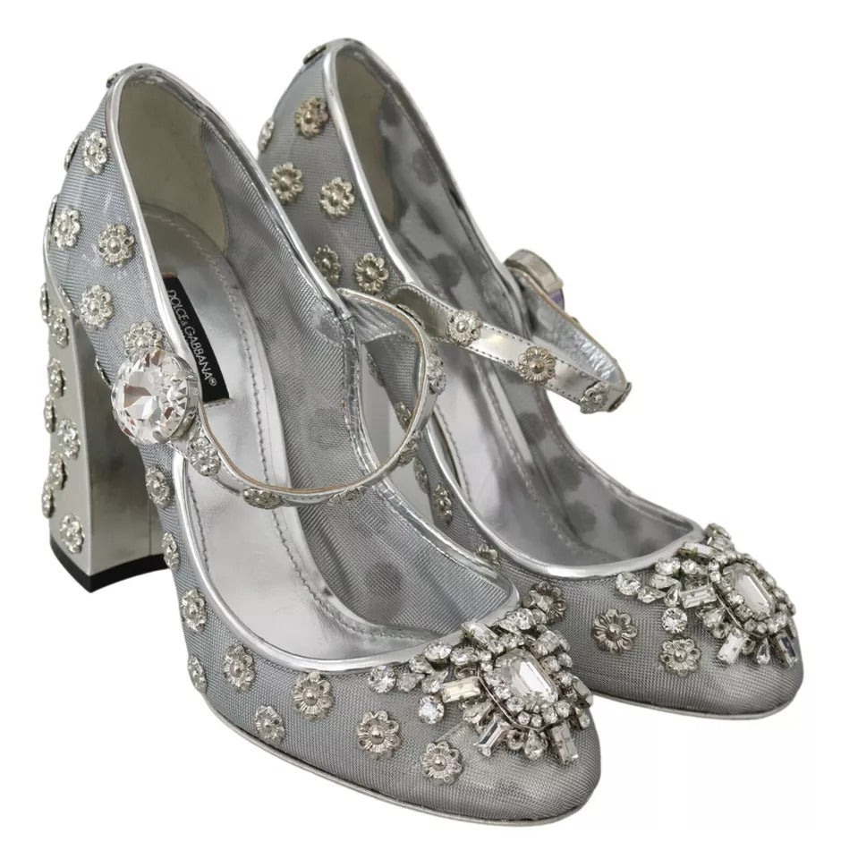 Dolce & Gabbana Silber Kristall Nieten Absätze Mary Janes Pumps Schuhe