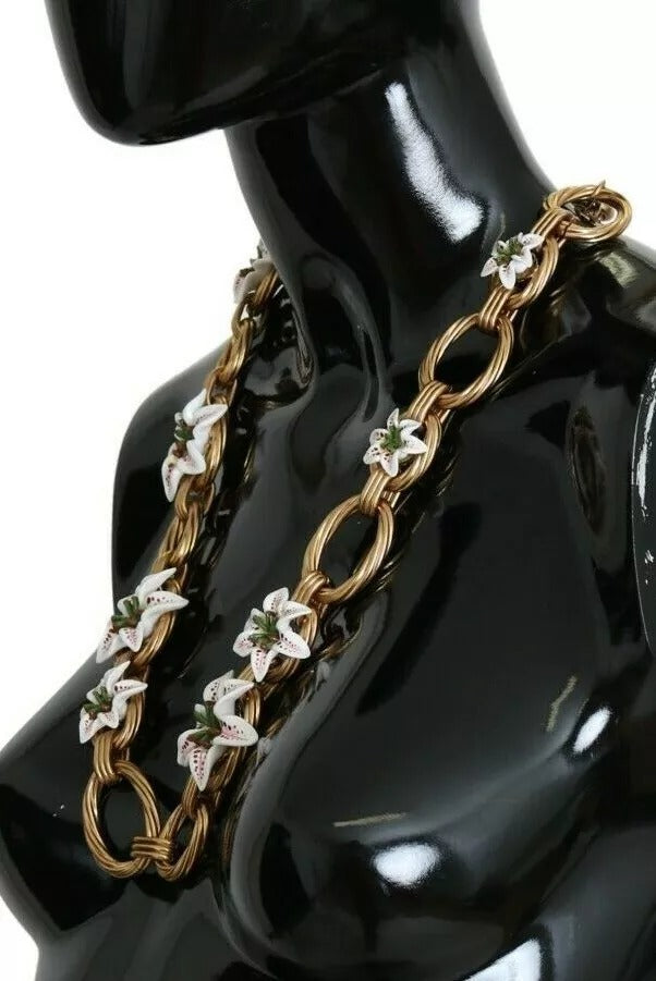 Dolce & Gabbana Gold Messing Übergröße Kette LILY Blumen Halskette