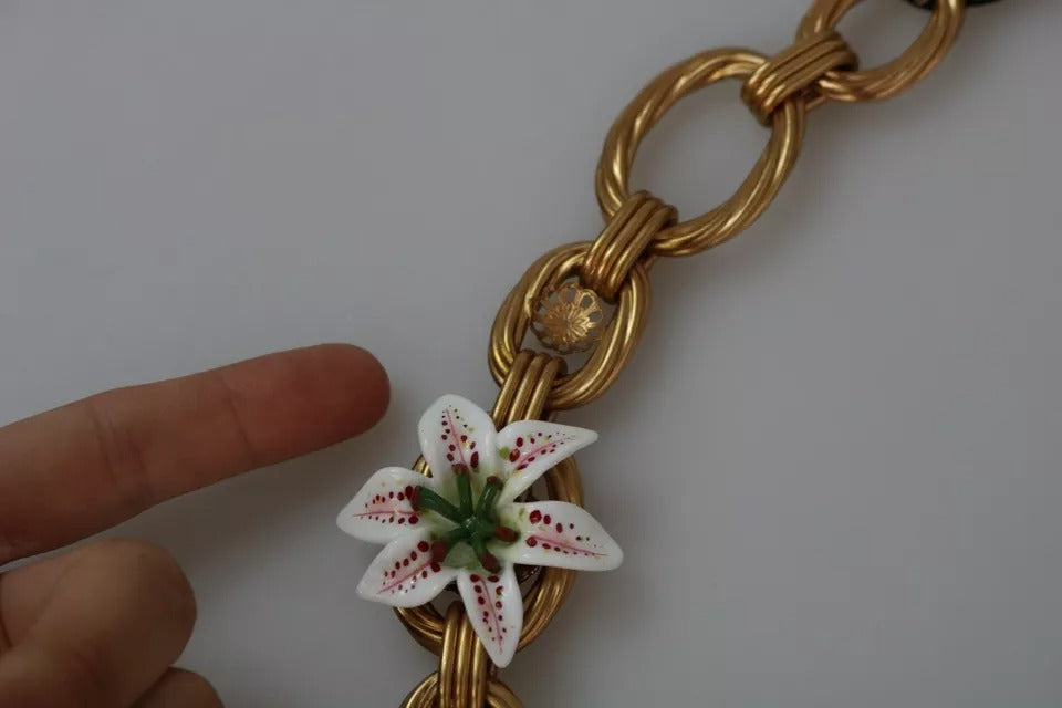 Dolce & Gabbana Gold Messing Übergröße Kette LILY Blumen Halskette