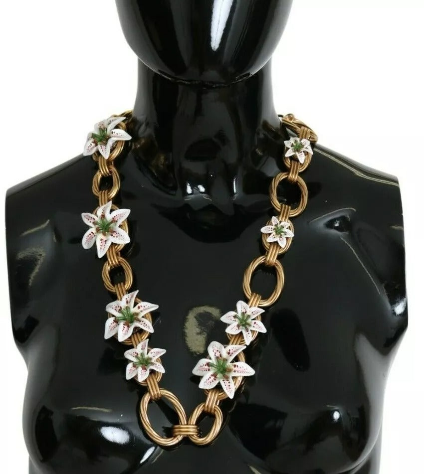 Dolce & Gabbana Gold Messing Übergröße Kette LILY Blumen Halskette