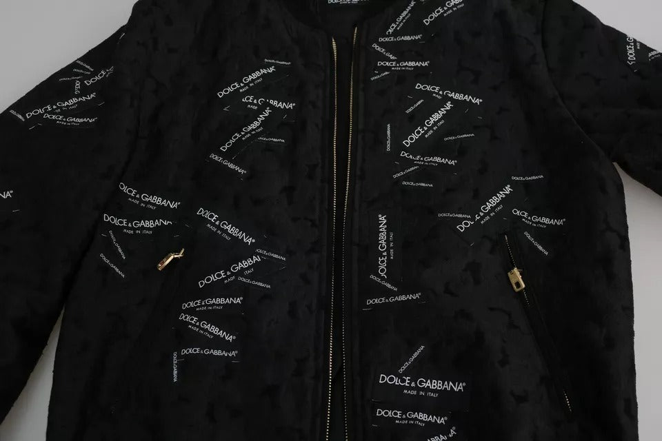Dolce & Gabbana Schwarze Logo-Patch-Brokat-Bomberjacke mit durchgehendem Reißverschluss