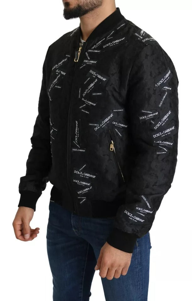 Dolce & Gabbana Schwarze Logo-Patch-Brokat-Bomberjacke mit durchgehendem Reißverschluss