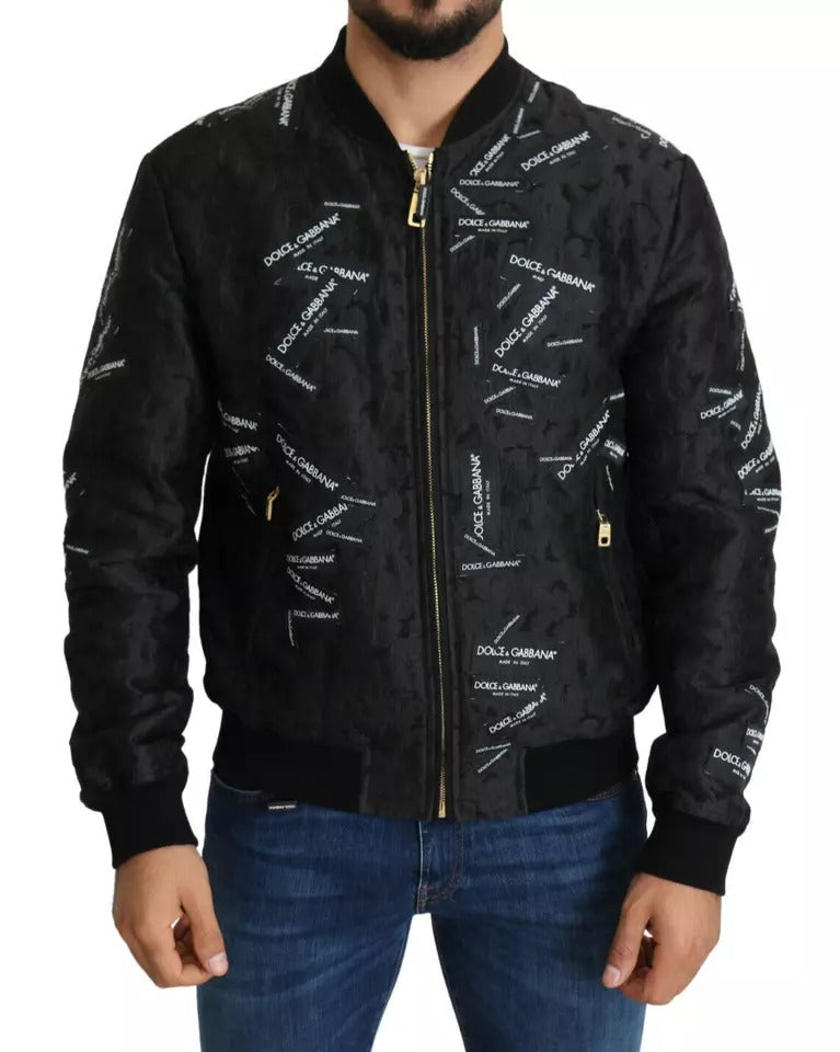 Dolce & Gabbana Schwarze Logo-Patch-Brokat-Bomberjacke mit durchgehendem Reißverschluss