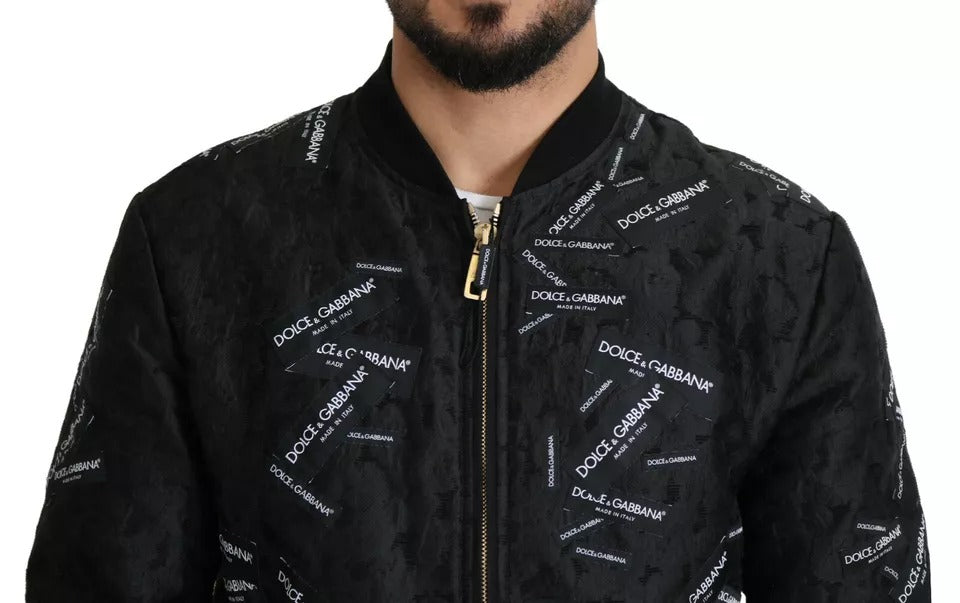 Dolce & Gabbana Schwarze Logo-Patch-Brokat-Bomberjacke mit durchgehendem Reißverschluss