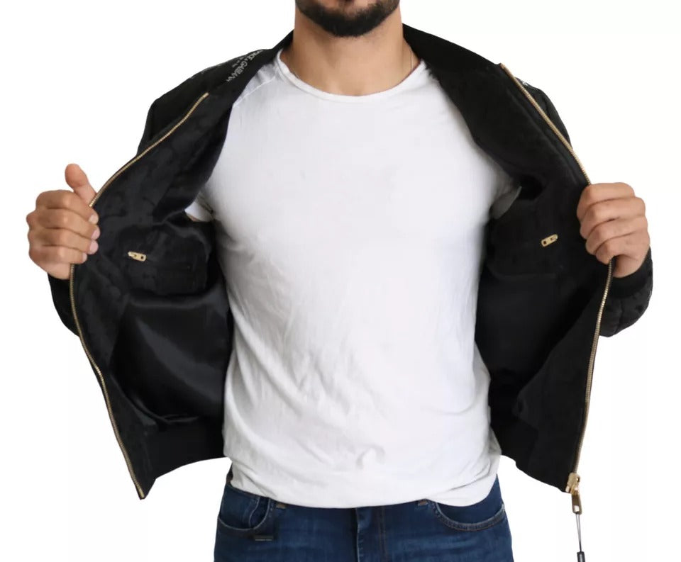 Dolce & Gabbana Schwarze Logo-Patch-Brokat-Bomberjacke mit durchgehendem Reißverschluss