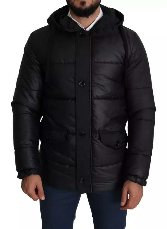 Dolce & Gabbana Schwarzer Polyestermantel mit Kapuze Männer Pufferjacke