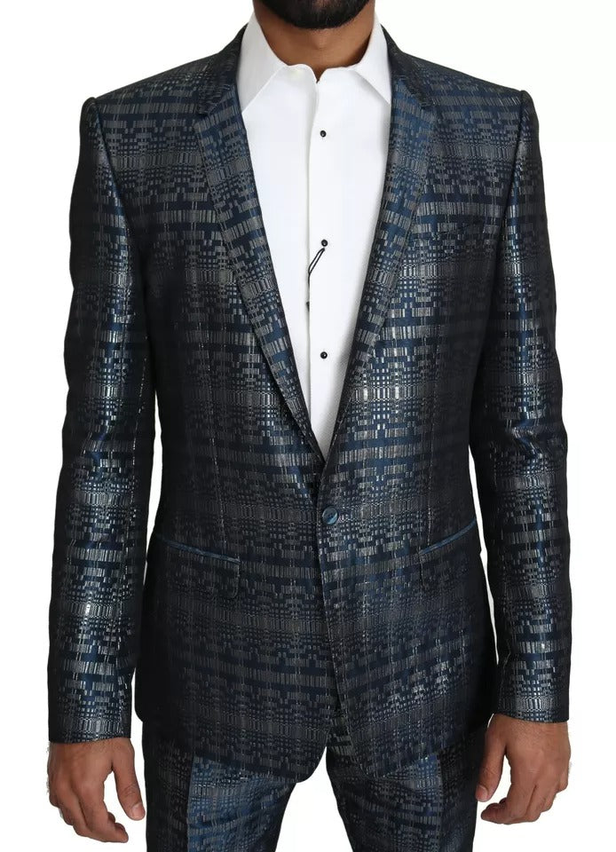Dolce & Gabbana Blau Silber Glänzender Zweiteiler Schmaler GOLD Anzug