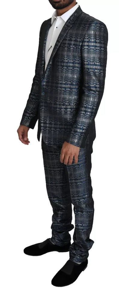 Dolce & Gabbana Blau Silber Glänzender Zweiteiler Schmaler GOLD Anzug