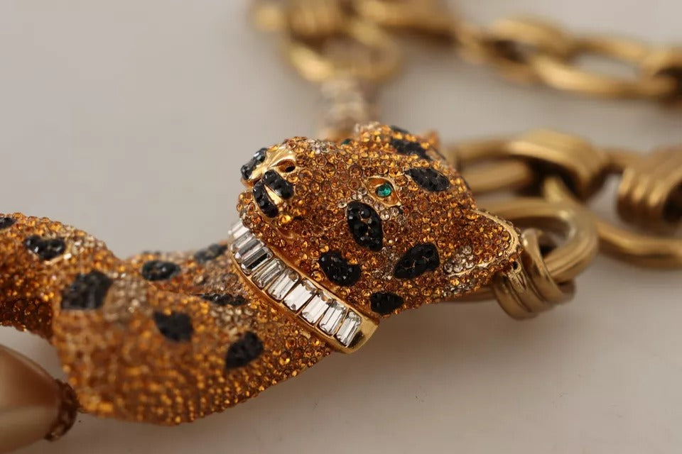 Dolce & Gabbana Gold-Messing-Kette Kristall-Perlen-Leopard-Anhänger-Halskette