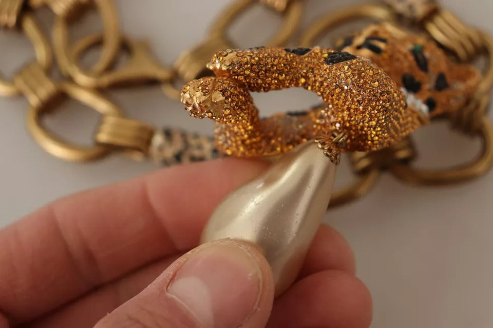 Dolce & Gabbana Gold-Messing-Kette Kristall-Perlen-Leopard-Anhänger-Halskette