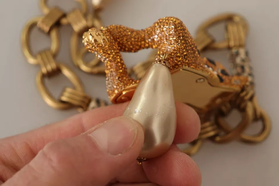 Dolce & Gabbana Gold-Messing-Kette Kristall-Perlen-Leopard-Anhänger-Halskette
