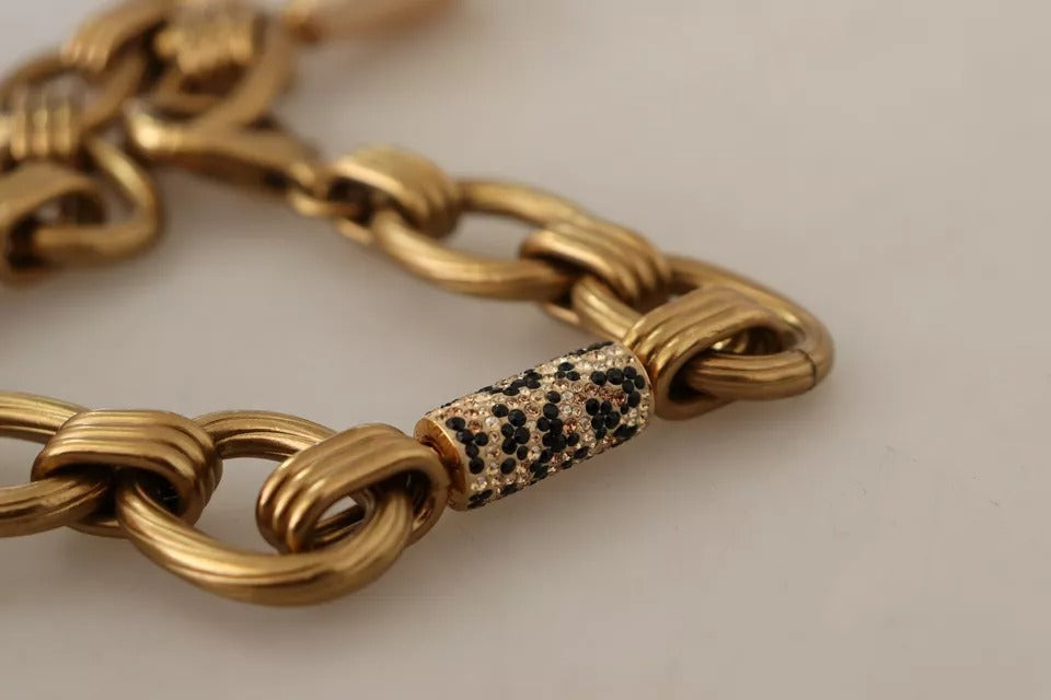 Dolce & Gabbana Gold-Messing-Kette Kristall-Perlen-Leopard-Anhänger-Halskette