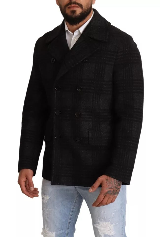 Dolce & Gabbana Schwarzer Trenchcoat Karo-Wolljacke