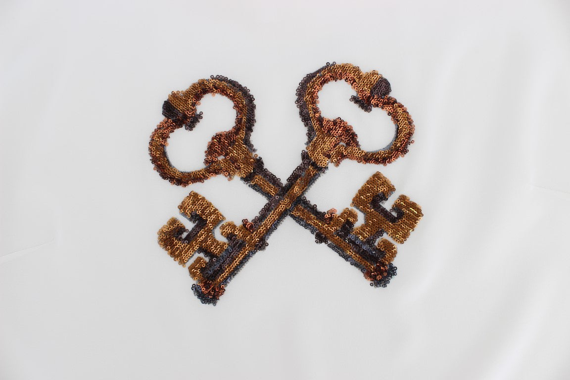 Dolce & Gabbana Weiße Pailletten-Schlüssel-Seidenbluse T-shirt Top