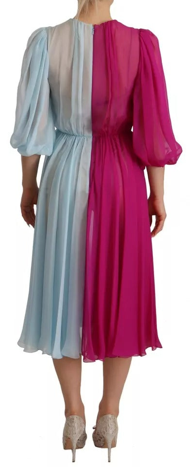 Dolce & Gabbana Fuchsia Hellblaues zweifarbiges Midikleid aus Seide