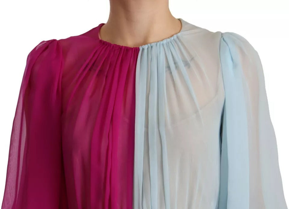 Dolce & Gabbana Fuchsia Hellblaues zweifarbiges Midikleid aus Seide