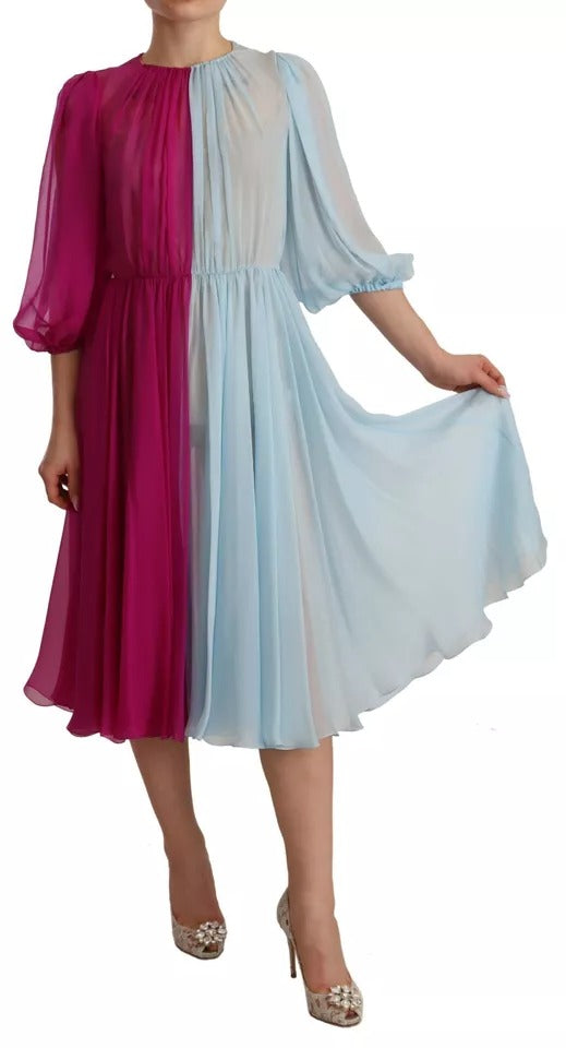 Dolce & Gabbana Fuchsia Hellblaues zweifarbiges Midikleid aus Seide