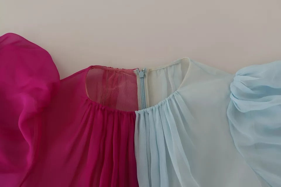 Dolce & Gabbana Fuchsia Hellblaues zweifarbiges Midikleid aus Seide