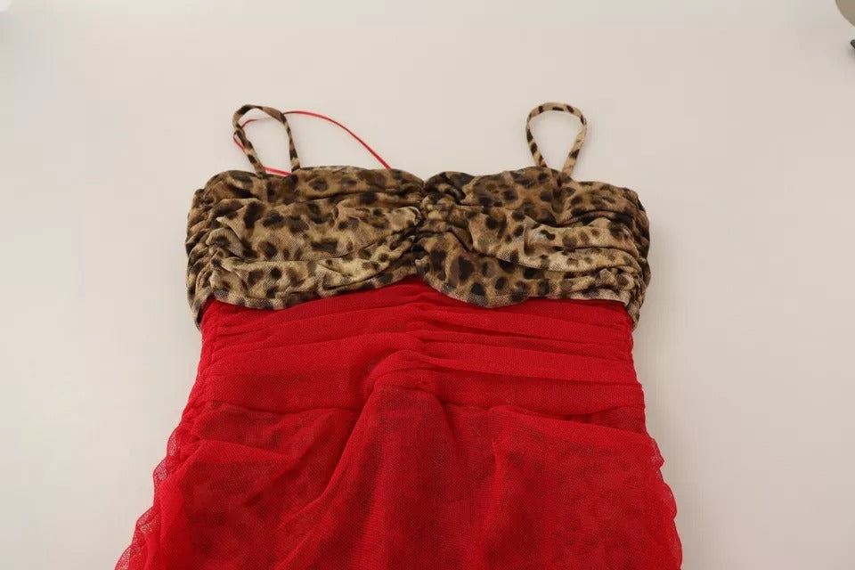 Dolce & Gabbana Braun Leopard Rot Tüll Etuikleid Midikleid