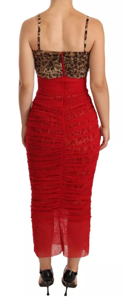 Dolce & Gabbana Braun Leopard Rot Tüll Etuikleid Midikleid