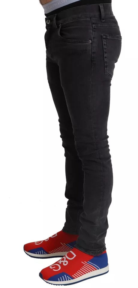Dolce & Gabbana Graue Running Denim Stretch Logo Skinny Jeans