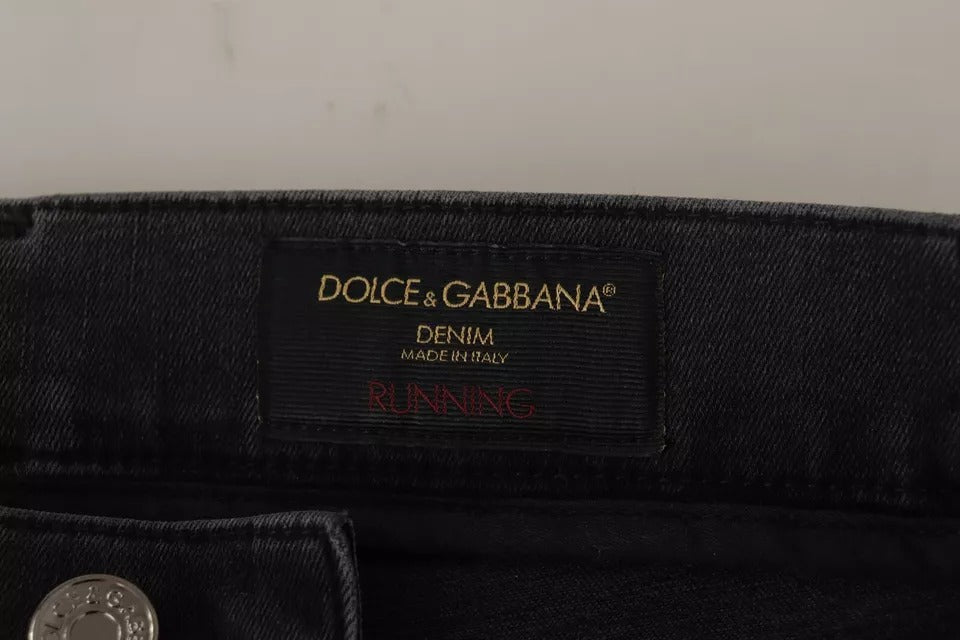 Dolce & Gabbana Graue Running Denim Stretch Logo Skinny Jeans