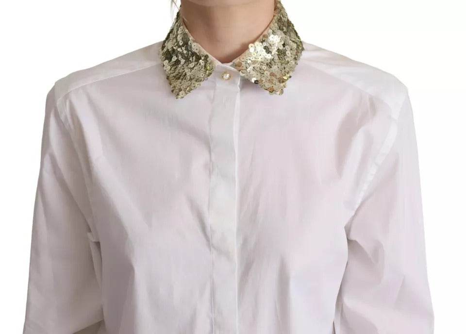 Dolce & Gabbana Weißes Baumwollhemd mit langen Ärmeln und Paillettenbesatz