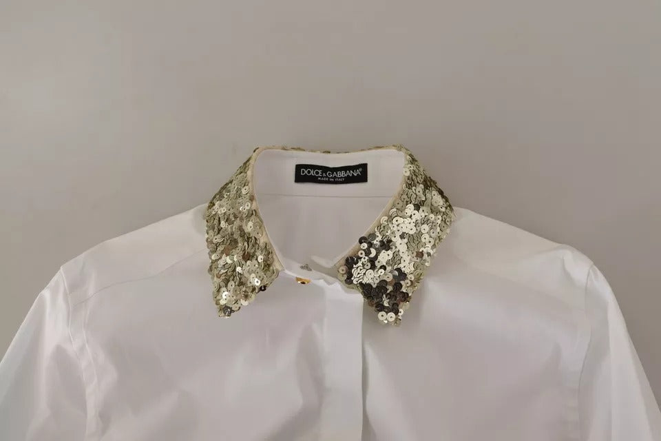 Dolce & Gabbana Weißes Baumwollhemd mit langen Ärmeln und Paillettenbesatz