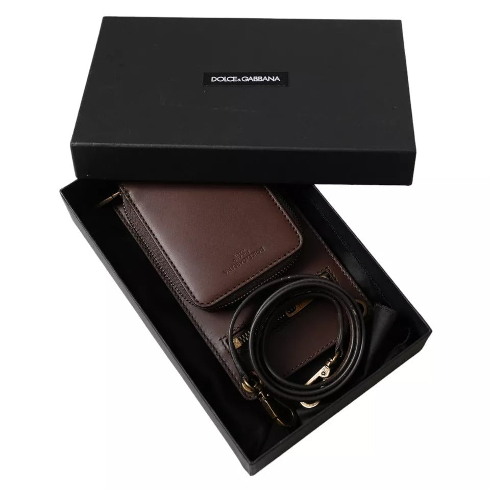 Dolce & Gabbana Braunes Kalbsleder Reißverschluss Logo Schulter-Nackenriemen Brieftasche