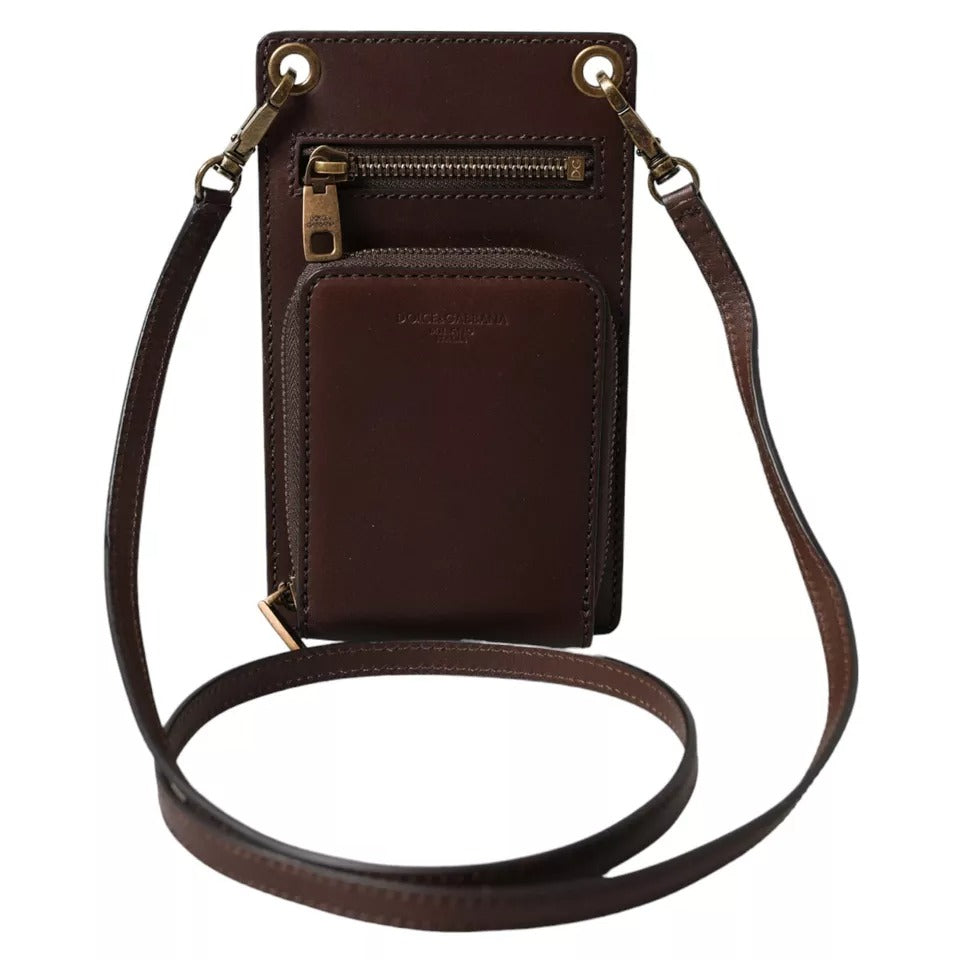 Dolce & Gabbana Braunes Kalbsleder Reißverschluss Logo Schulter-Nackenriemen Brieftasche