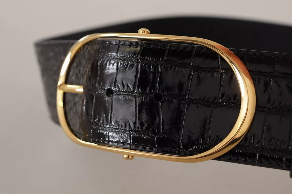 Dolce & Gabbana Schwarzer breiter Gürtel aus geprägtem Leder mit goldener Metallschnalle