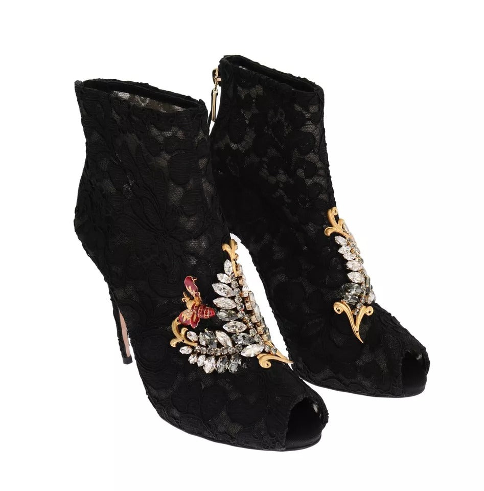 Dolce & Gabbana Schwarz Kristall Spitze Booties Stilettos Schuhe