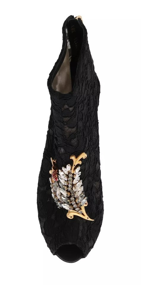 Dolce & Gabbana Schwarz Kristall Spitze Booties Stilettos Schuhe