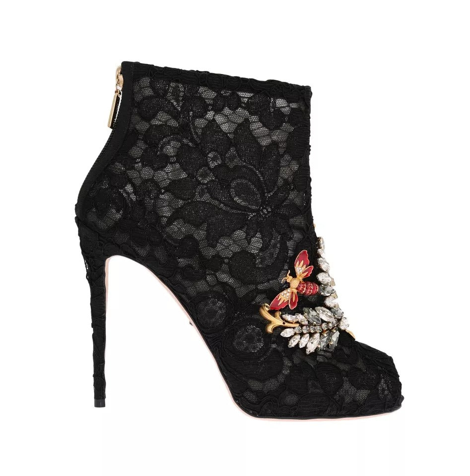 Dolce & Gabbana Schwarz Kristall Spitze Booties Stilettos Schuhe