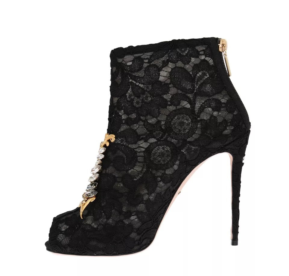 Dolce & Gabbana Schwarz Kristall Spitze Booties Stilettos Schuhe