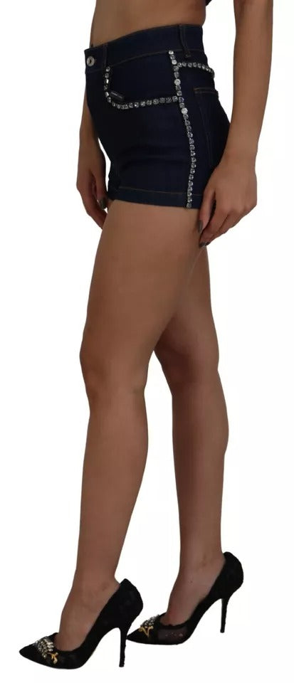 Dolce & Gabbana Blaue Denim Stretch Crystal Hot Pants Shorts